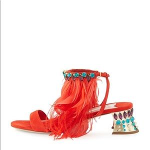 Miu Miu Red Jeweled Feather-ankle 45mm Sandals